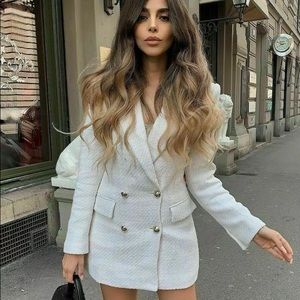 Zara tweed blazer jacket textured ecru suit long